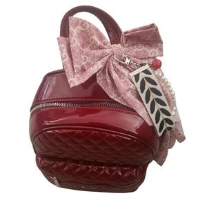 David Jones Paris Dark Red Patent Quilted Mini Backpack 6650-4 NWT Bow Charm